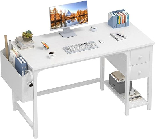 Lufeiya White Computer Desk with Drawers - 47 Inch PC Desk for Small Space Bedroom Home Office, Modern Simple Study Writing Table Desks with Storage Shelf, White