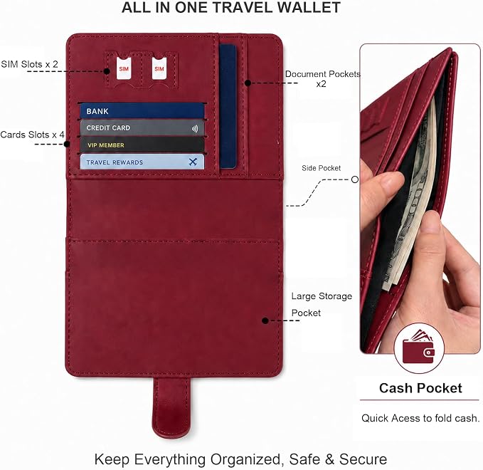 Passport Holder with Air-Tag Slot RFID Blocking Leather Travel Wallet | Multiple Card Compartments, SIM Card Access, Compact Carry Design, Flight Ready Essentials for Men & Women, Red