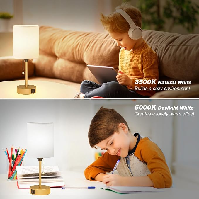 Small Bedside Lamp for Nightstand, Gold Desk Lamp for Dorm Room Bedroom | USB A+C Ports, AC Outlet, 3 Color Temperatures, LED Bulb Included, White Fabric Shade, Gold Brass Base, 14" Night Stand Lamp