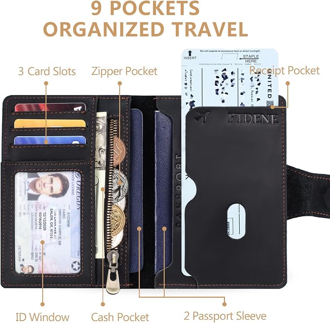 Passport Wallet for Men, Full Grain Leather Passport Holder, AirTag Slot | 2-3 Passport Capacity, Slim Design for Travel, Multiple Pockets, Magnetic Closure, RFID Blocking, Zippered Coin Pocket, Black