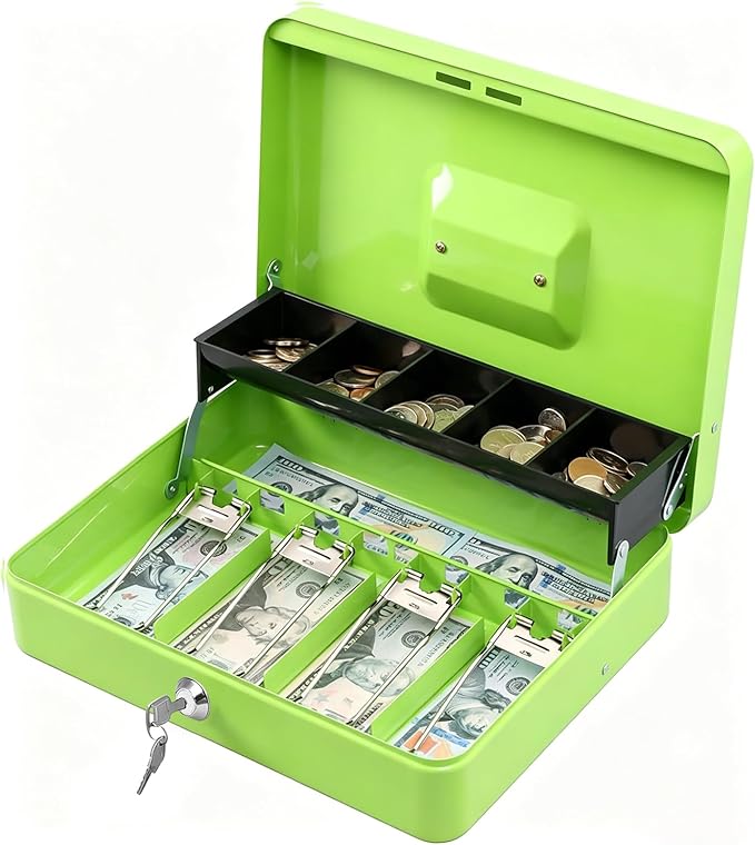 KYODOLED Locking Cash Box with Lock,Money Box with Cash Tray,Lock Safe Box with Key Money Saver,Money Saving Organizer,11.81Lx 9.45Wx 3.54H Inches,Limegreen XL Large