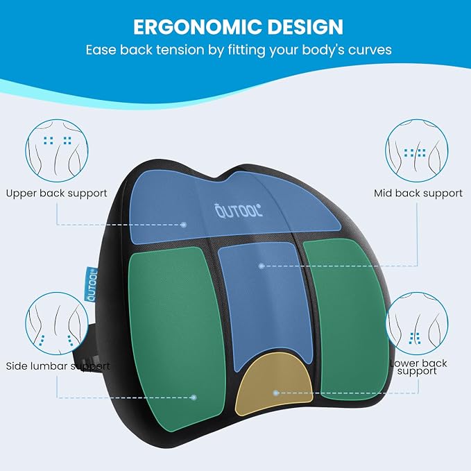 QUTOOL Lumbar Support for Office Chair Pressure Relief Improve Posture | Ergonomic Lower Back Support Pillow with Adjustable Straps,High-Density Memory Foam,Washable Cover,Long Sitting Comfort