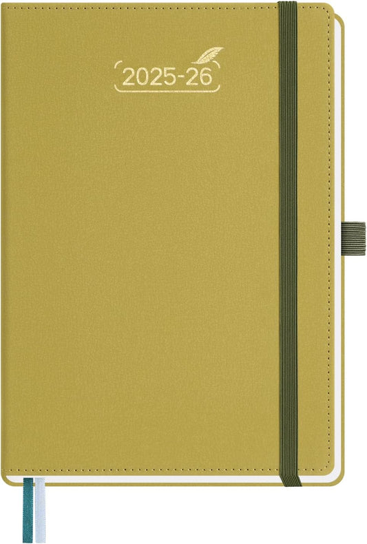 BEZEND Weekly Planner 2025-2026 with 2 Columns, 5.8" x 8.5" Academic Calendar 18 Months (Jul 25-Dec 26) Life Work Appointment Book with Monthly Tab, PU Leather Hardcover - Mustard