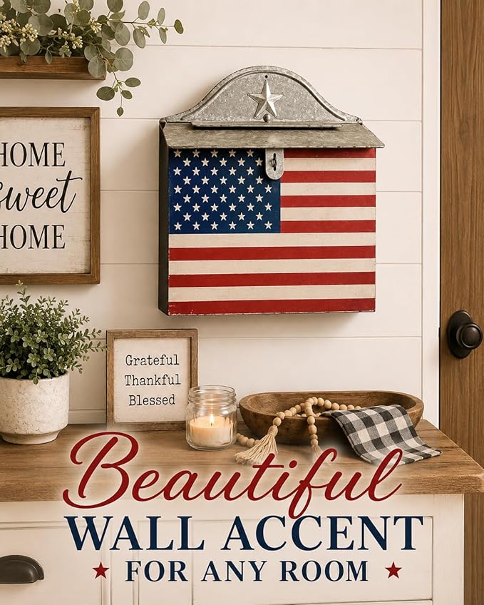 Vintage Americana Post Box Wall Decor – Rustic Farmhouse Mailbox, Patriotic Hanging Wall Accent, Decorative Metal Mail Holder for Entryway, Porch & Home Décor