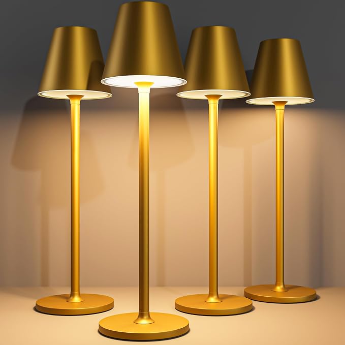 Timjorman 4-Pack Cordless Table Lamps - 5000mAh Rechargeable Battery Operated Desk Lamp, 3-Level Dimmable LED Night Light for Bedroom, Dining, Restaurant - Metal Design (Bronze 4PACK)