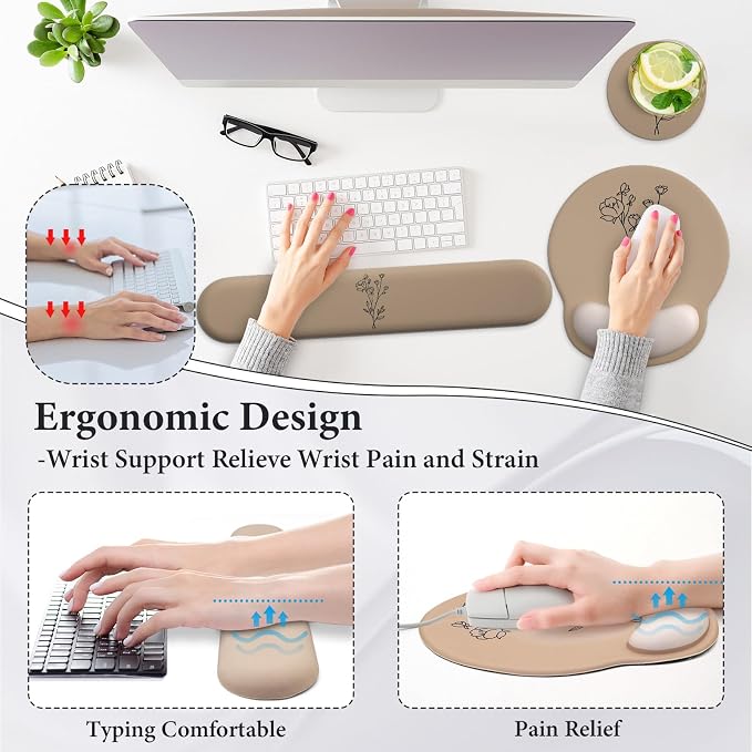3 in 1 Ergonomic Mouse Pad and Keyboard Wrist Rest with Coaster Set-Brown | Cute Large Mousepad with Gel Wrist Support for Gaming Computer Laptop Women Office Home Desk Decor