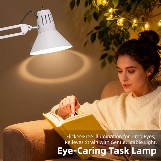 White Desk Lamp with Clamp, Extra-Tall Adjustable Metal Swing Arm, 3000K | Manicurist Table Lamp for Nail Work, Drafting, Sewing, Crafting, College Dorm and Home Office, A19 Bulb Included