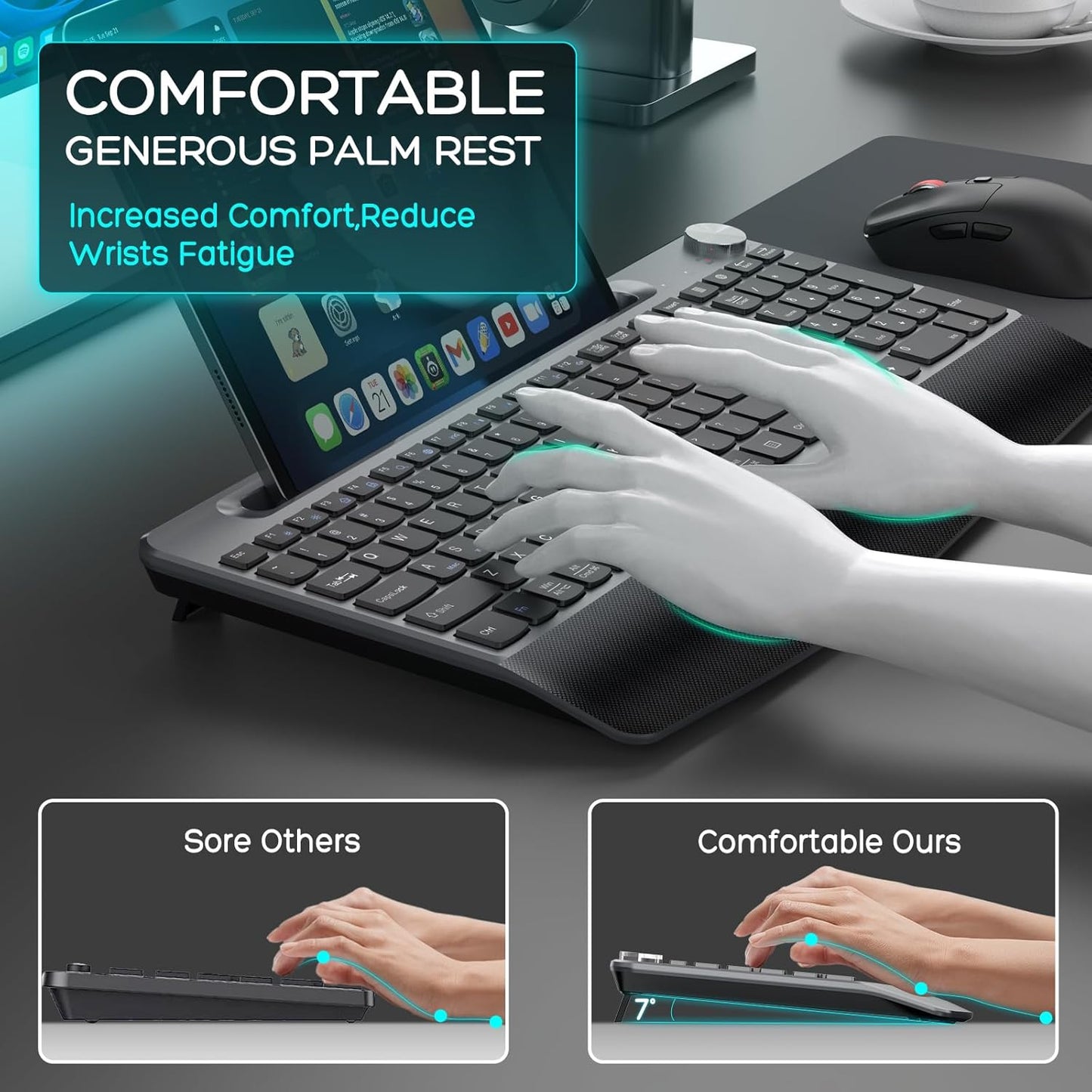 Ergonomic Wireless Keyboard and Mouse with Wrist Rest，Phone Holder - 2.4GHz Full-Sized Low-Profile Quiet Wireless Mouse and Keyboard Combo for Computer, Laptop, PC, Mac-Grey