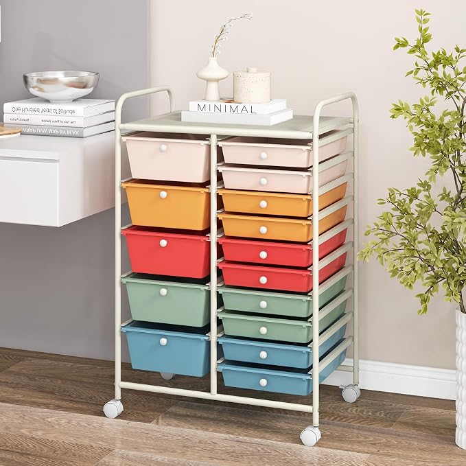 BECOMFORT 15-Drawer Rolling Cart with Drawers, Storage Cart on Wheels, Teacher Classroom Organizers with Metal Frame, Mobile Craft Cart for Tools, Trolley Utility Cart for School Office Play Room