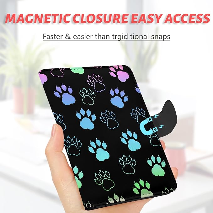 Passport Holder, Cute Travel Wallet Cover with RFID Blocking,Pawprint | PU leather travel wallet with magnetic closure, card slots, pen loop, and easy access for passports and essentials.