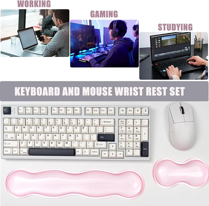 Ergonomic Silicone Gel Keyboard and Mouse Wrist Rest Set – Clear Wrist Rest for Keyboard 60%/68%/75%, Comfort & Support for Typing and Gaming(Pink)