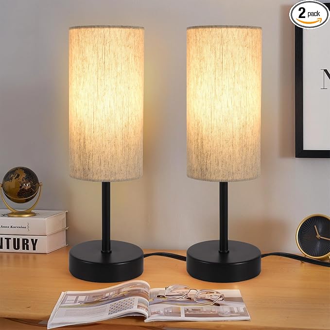 RISLG 2 Pack Small Table Lamps for Bedroom, Bedside Lamps for Nightstand with Wire Switch, Minimalist Modern Desk Lamps with Linen Fabric Shade for Kids Room Living Room Office Dorm, Bulb Included