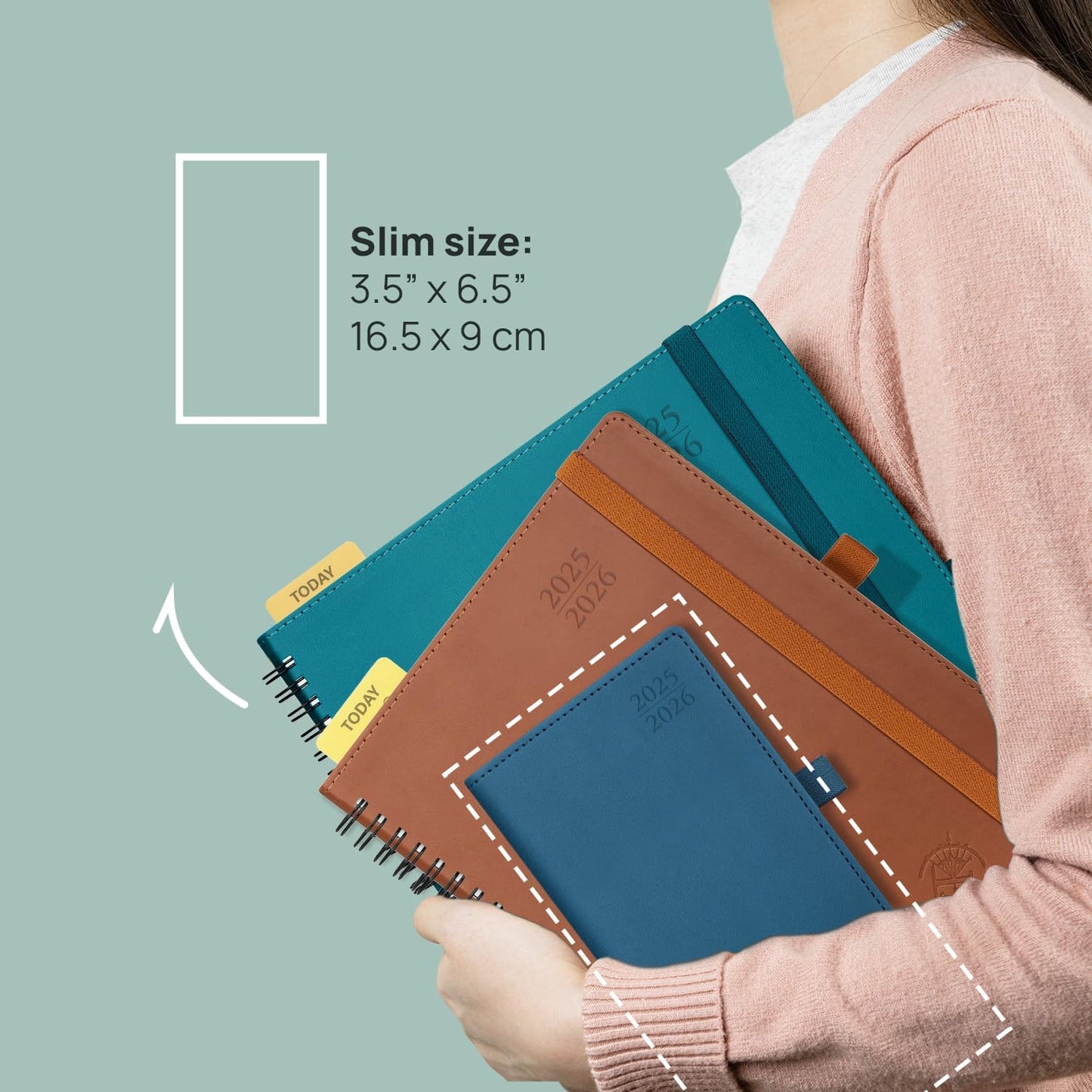 POPRUN Pocket Planner 2025-2026 (Slim Size 3.5'' x 6.5'') Academic Purse Calendar (July 2025 - June 2026) with Hourly Time Slots, 100GSM Thick Paper, Spiral Soft Cover - Brown