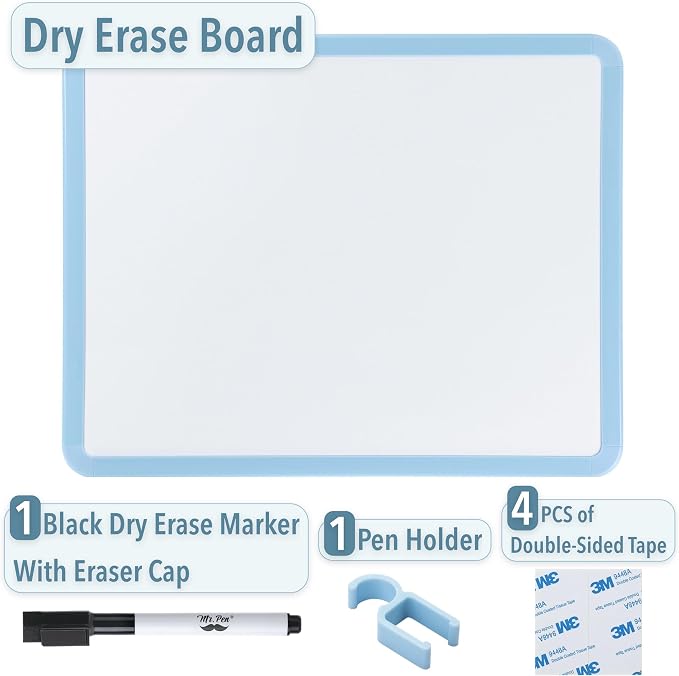 Mr. Pen- Dry Erase Board, 14” x 11” with a Black Dry Erase Marker | Blue Frame, Small Mini White Board for Students, Fridge, Wall, Locker, Includes Double Sided Tapes