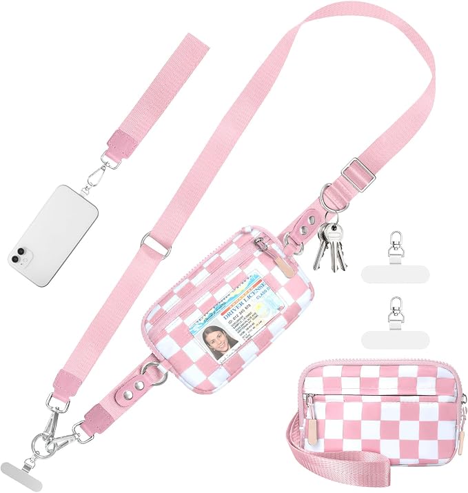 Tiostep Clip and Go Strap for Phone with Wallet Crossbody Phone Lanyard Adjustable and Detachable RFID Wristlet Wallet (Dusty Pink Checkered, Large)