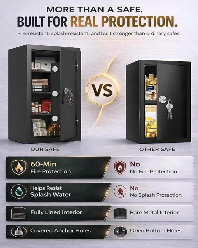 [𝟮𝟬𝟮𝟲 𝗡𝗲𝘄] 23.69'' Tall Fireproof Safe for Home, 1800°F Fire Protection for 60 Minutes, Fire and Water Proof Safe Box with Mechanical Lock, Removable Shelf for Documents, Cash and Valuable