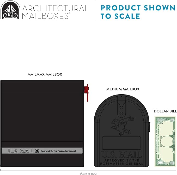 Architectural Mailboxes MailMax Post Mount Mailbox, All Black, Large | Modern galvanized steel and aluminum build with rust-resistant powder-coat finish and a magnetic door closure. USPS approved.