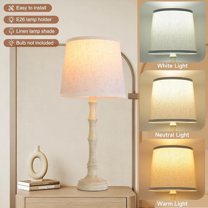 Lamps Set of 2 Modern Farmhouse Table Lamp Bedside Reading Lamps Living Room End Tables Set Lamps for Night Stands Bedroom Night Lamp,High 26.25 Inch,Off-white,With Fabric Lamp Shade,Bulb Not Included
