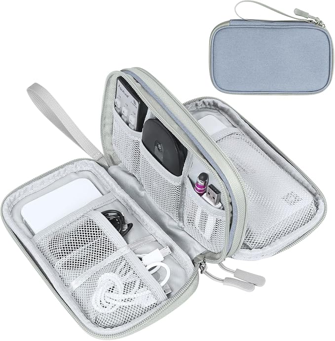 FYY Electronic Organizer, Travel Tech Pouch Bag, Medium, Light Grey | Wrist Strap, Waterproof, Double Layers Portable Electronics Travel Carrying Case for Cord, Charger, Daily Business Trips Use