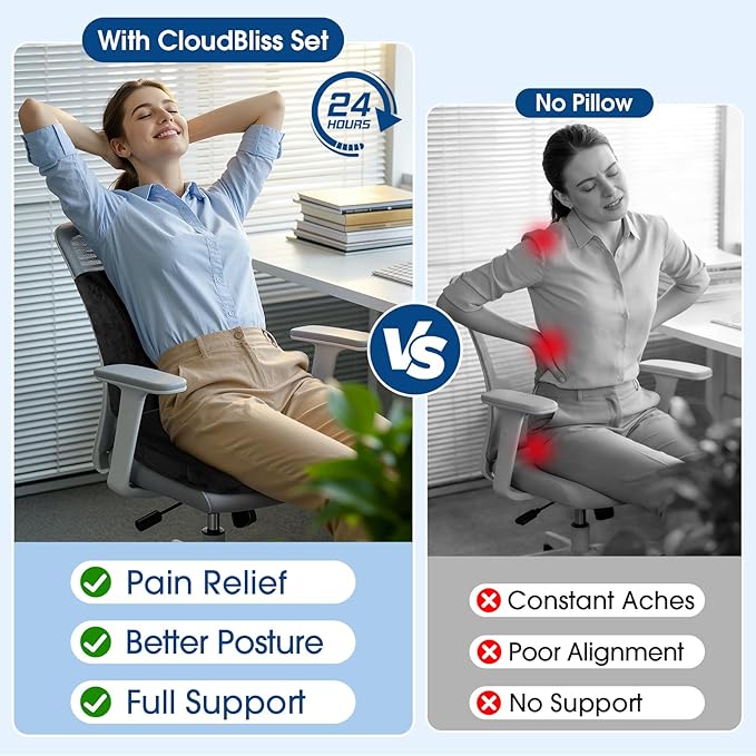 CloudBliss Lumbar Support Pillow & Seat Cushion Set for Office Chair, Desk Chair, Wheelchair & Car–Memory Foam Back Support,Ergonomic Chair Cushions,Sciatica Pain Relief,Home Essentials(Black,XL)