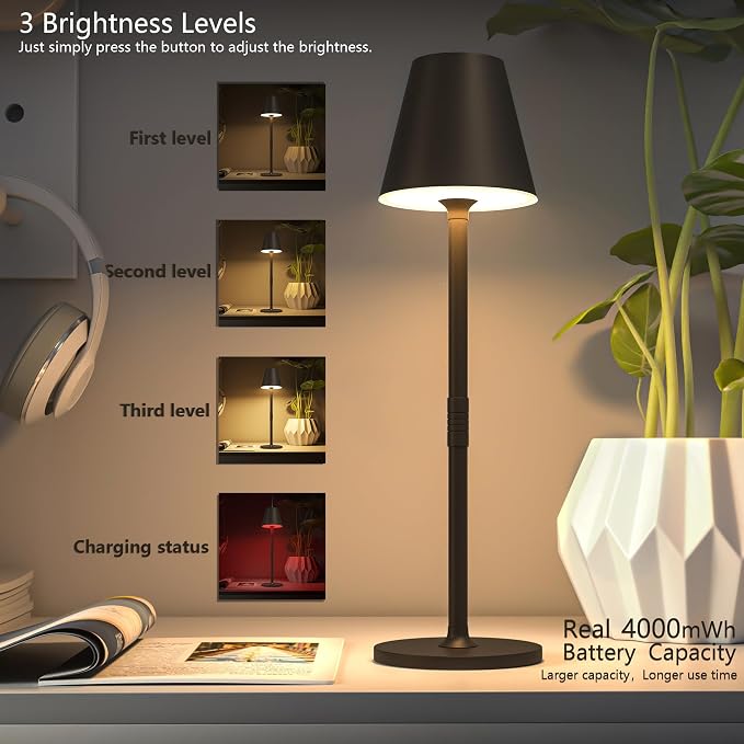 Timjorman 2-Pack Cordless Table Lamps - 5000mAh Rechargeable Battery Operated Desk Lamp, 3-Level Dimmable LED Night Light for Bedroom, Dining, Restaurant - Metal Design(Khaki-2Pack)