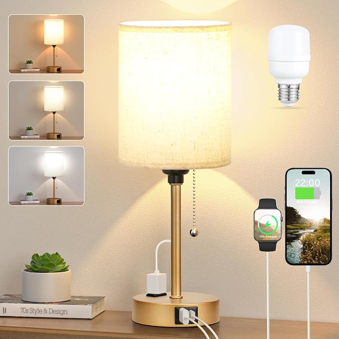 Small Bedside Table Lamp for Bedroom, Desk Lamp with USB Ports for Dorm | USB A+C Ports, AC Outlet, 3 Color Temperatures, LED Bulb Included, Linen-Fabric Shade, Gold Brass Base, 14" Night Stand Lamp