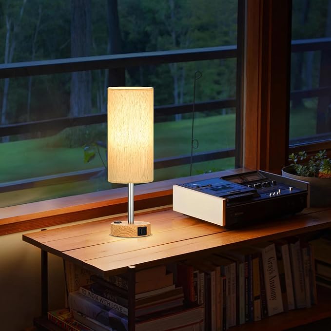 Touch Bedside Table Lamps Set of 2 - Bedroom Lamp with USB A+C, AC Outlet | 3-Way Dimmable, LED Bulb Included, Linen-Texture Fabric Lampshade, Wood-Grain Metal Base, 14" Small Nightstand Lamp for Dorm