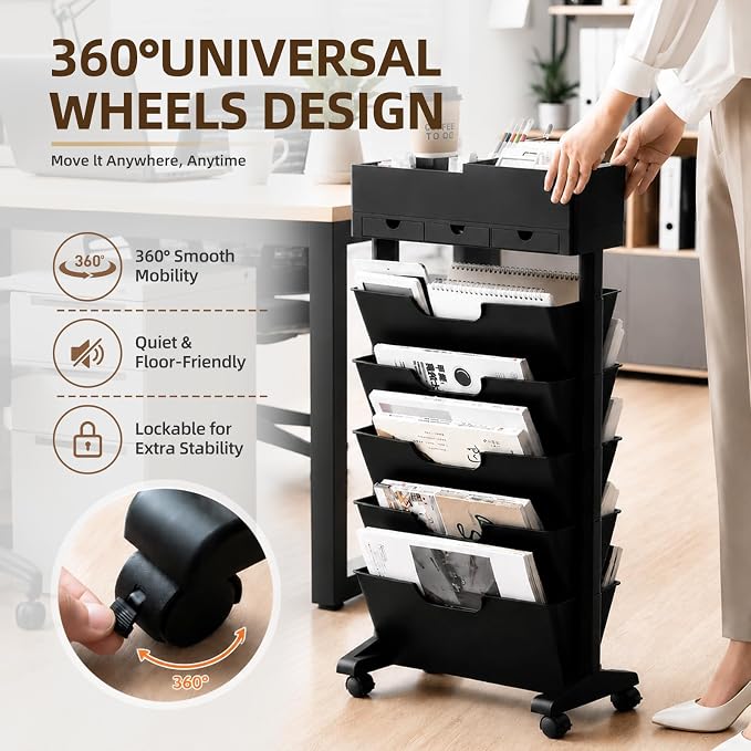 5 Tier Rolling Book Cart Multi-Functional Movable Storage Bookshelves | rolling bookshelf,Movable Storage Bookshelves with Lockable Wheels for Study Office Library Classroom,