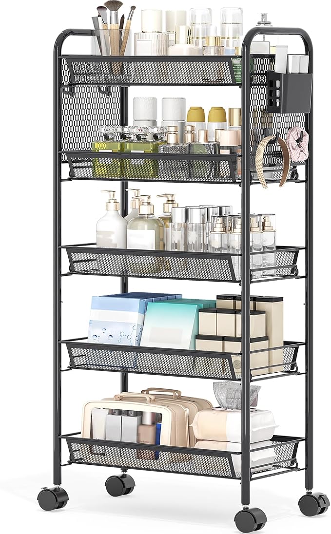 KINGRACK 5 Tier Rolling Cart, Metal Utility Storage Cart with Pegboard | Screwless Assembly, Lockable Wheels, 4 Hooks & 1 Bin, Mobile Organizer for Bathroom Kitchen Office Craft Room Laundry, Black