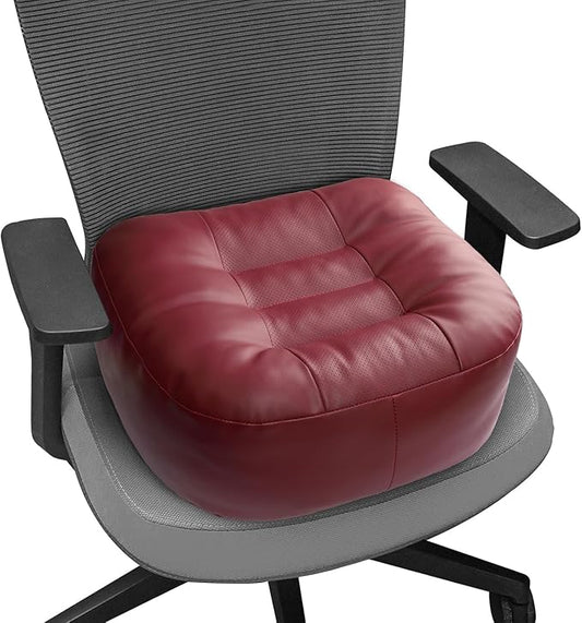 YOUFI Leather Seat Cushion Extra-Thick Booster for Office Chair to Rise Height - Full Filling for Support - with Breathable Cover, Handle and Buckle - Relieves Back Pain – 18"x16"x6" (Red)