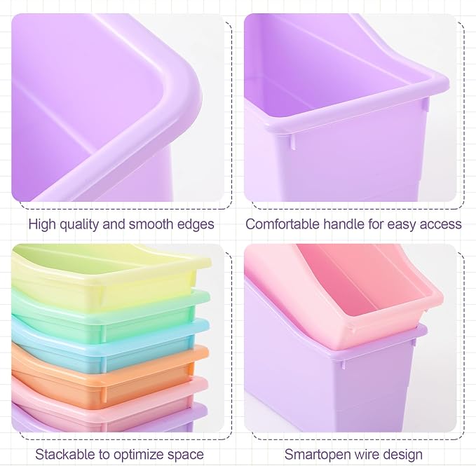 Blosssound 12 Set Book Bins for Classroom Stackable,Pastel | Plastic Baskets with Labels, Slanted Front, Library Supplies Organizers, Desktop Storage Bins, Teachers Home School Use