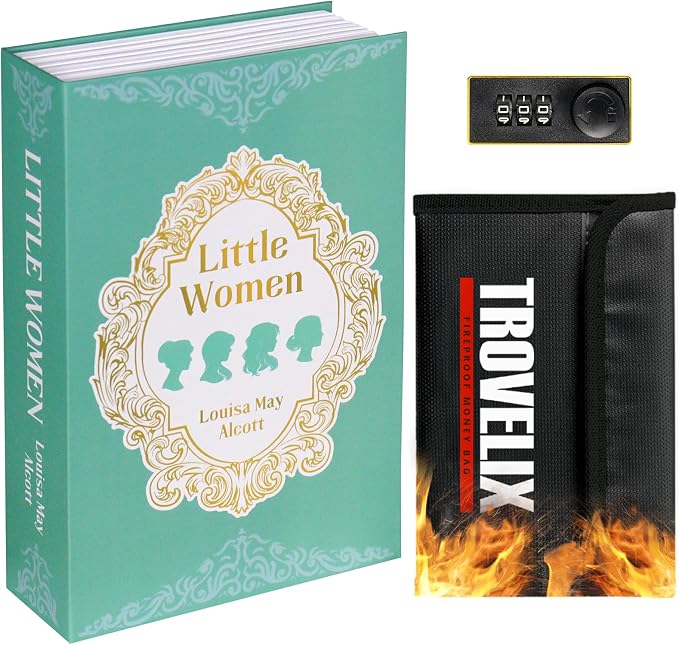 Book Safe with Combination Lock, Hidden Safe (10.55 x 7.95 x 2.62 Inch) with Fireproof Bag, Secret Diversion Safe, Hollow Book Box Hidden Storage, Money Safe Box for Cash (Little Women)