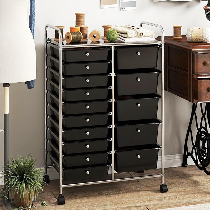 RELAX4LIFE 15-Drawer Rolling Storage Cart - Utility Cart with Metal Frame, Lockable Wheels & Removable Drawers, Multipurpose Art Craft Organizer for Home Office, Classroom (Black)
