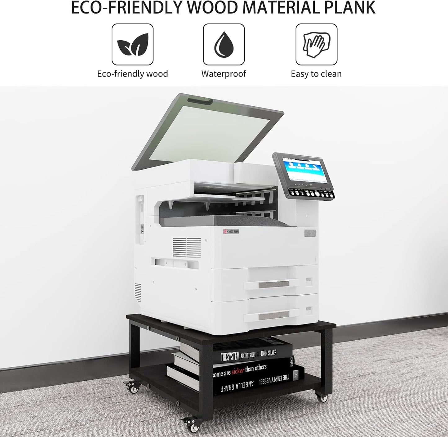 Natwind 2 Tier Laser Printer Stand,23.6''x23.6'' Large Printer Table,Copier Stand with Wheels, Heavy Duty Rolling Printer Cart with Paper Storage Shelf for Home Office (Black)