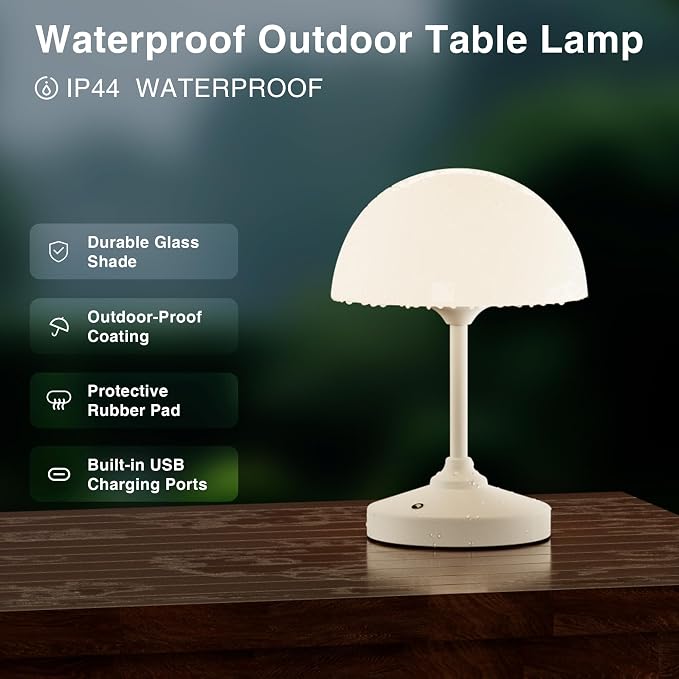 Mushroom Lamp Cordless Lamp Table Lamp,Outdoor Waterproof Shower Lamps,5000mAh Rechargeble Battery Operated Dimmable Touch Desk Lamps,LED Night Light for Bathroom Patio Camping Outdoor(White)