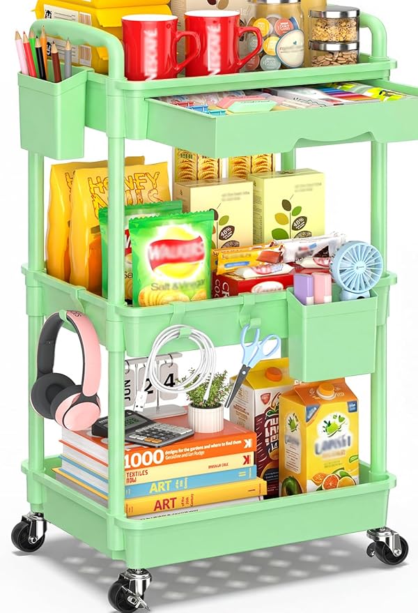 SUNALLY 3 Tier Rolling Cart with Drawer, Craft Storage Cart Organizer,Green | Bathroom Storage Organizer with 2 Lockable Wheels, Rolling Utility Cart for Kitchen, Office, Baby, Makeup, Nail,Snack,Laundry