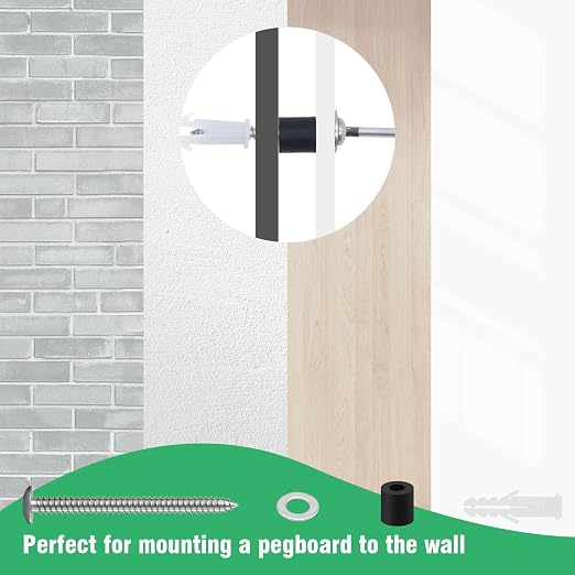 200Pcs/50 Sets Stainless Steel Pegboard Mounting Kit Contains Screws, Anchors, Spacers and Washers, Wall Peg Board Installation Kit for 1/4 Inch Pegboard, Silver