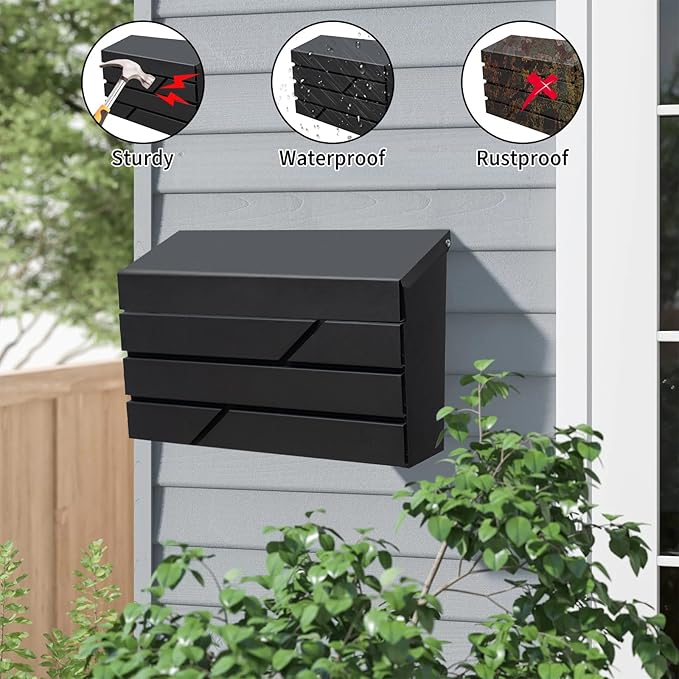 Wall Mount Mailbox for House Outside, Large Capacity Mailbox Drop Box, Galvanized Steel and Rust-Proof Metal Post Box, 15.74"x9.84"x4.33", Black, MD065