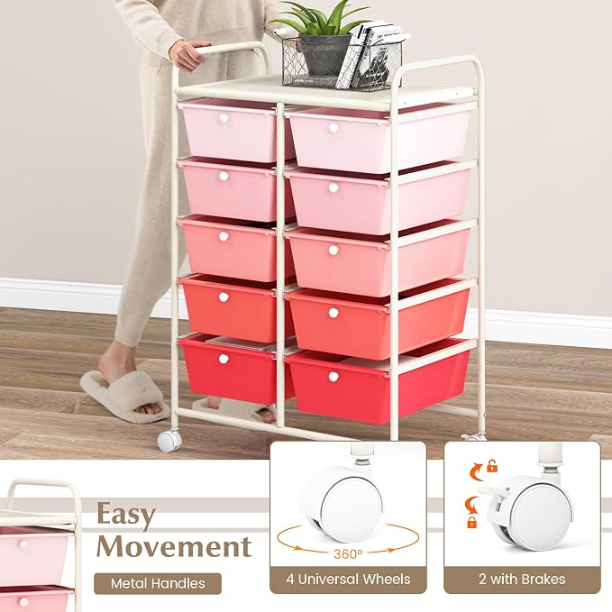 COSTWAY 10 Drawer Rolling Storage Cart, Utility Cart with Lockable Wheels | Mobile Art Supply Craft Organizer with Metal Frame, Multipurpose Drawer Cart for Paper for Office, School, Mixed Pink