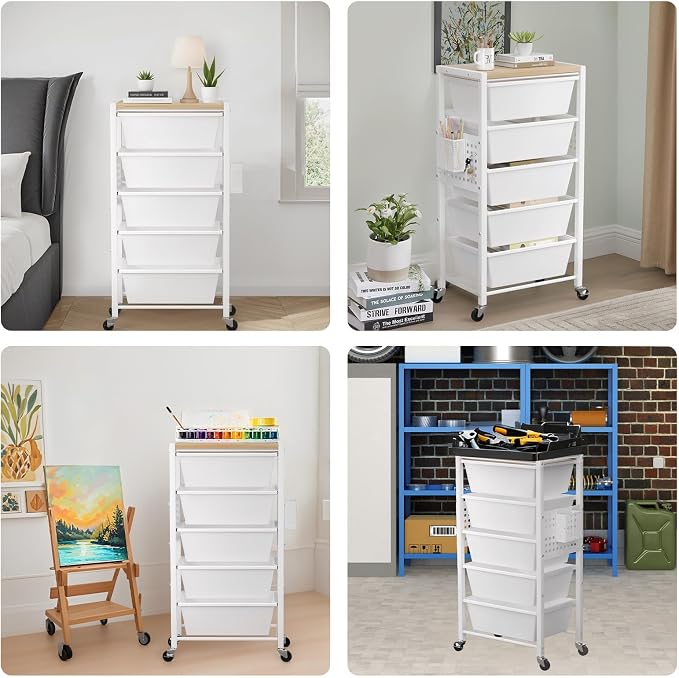 Rolling Cart with 4 Drawers, Plastic Drawer Storage Carts with Wheels & Wooden Tabletop, Metal Utility Cart with Pegboards, Office Living Room Classroom Craft Organization and Storage, Bright White