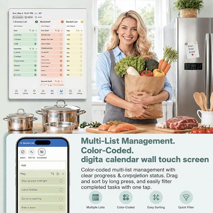 Digital Calendar Wall Planner 10.1 Inch Touch Screen WiFi picture frame | smart Electronic Planner Calendar Sync, Task management, Meal Family Digital Photo Frame Gift wall calendar for Mom Women
