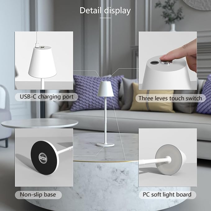 Timjorman 4-Pack Cordless Table Lamps - 5000mAh Rechargeable Battery Operated Desk Lamp, 3-Level Dimmable LED Night Light for Bedroom, Dining, Restaurant - Metal Design(White 4PACK)