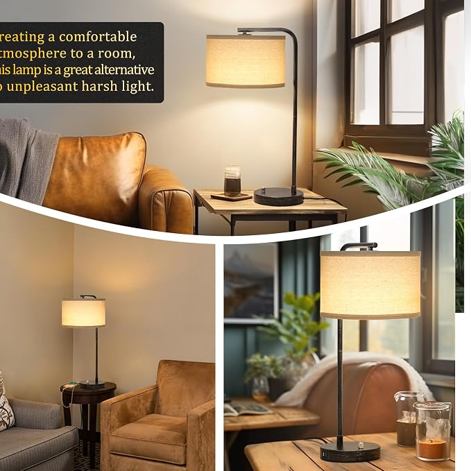 25" Tall Bedside Table Lamp with USB C+A Ports, Fully Dimmable Desk Lamp | Industrial Minimalist Nightstand Lamp, Vintage Reading Light for Bedroom Living Room Office, 3000K LED Bulb Included
