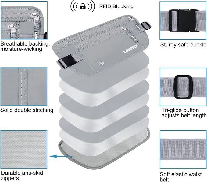 Money Belt for Travel, Slim RFID Blocking Women and Men Hidden Travel Pouch Under Clothes, Passport Holder Protect Cash, Documents, Credit Card, Bonus 2 RFID Sleeves