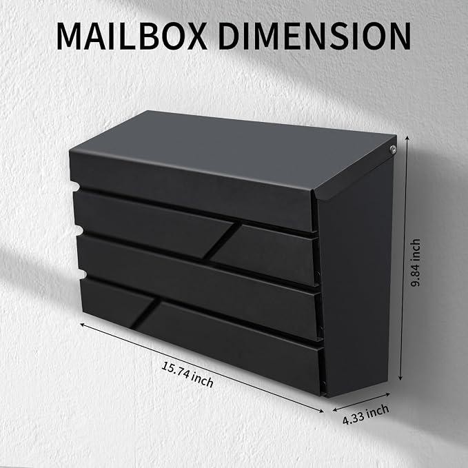 Wall Mount Mailbox for House Outside, Large Capacity Mailbox Drop Box, Galvanized Steel and Rust-Proof Metal Post Box, 15.74"x9.84"x4.33", Black, MD065