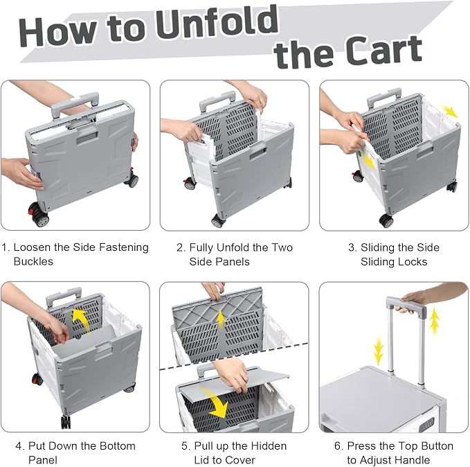 FELICON Folding Utility Cart Rolling Crate Handcart Basket Tote-Gray+White | Collapsible Hidden Lid,Plastic Box,Telescoping Handle,4 Rotate Wheels for Travel Shop Move Grocery Laundry Office Teacher Use