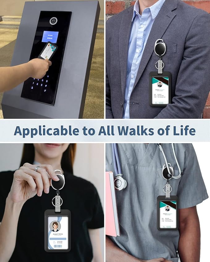 Uniclife 3 Pack Sliding Badge Holders with Reel for Office IDs | hard black sliding holders with retractable reels and carabiners keep office IDs, credit cards and key cards ready.