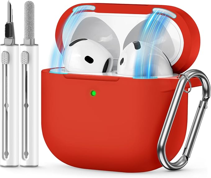 for AirPods 4 Case 2024 with Cleaner Kit & Keychain-Magnetic Red | Silicone Protective Cover for Apple AirPods 4th Generation Case,for Women Men,One-Piece Design,Shockproof,Dust Proof,Magnetic