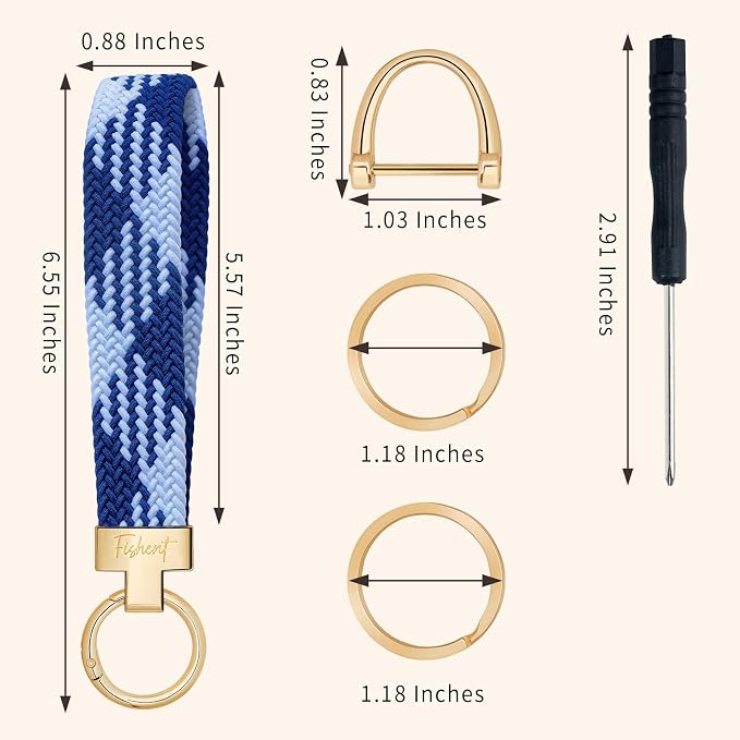 Fishent Stretchy Wristlet Keychain, Cute Key Chain, Woven Wrist Lanyard for Car Keys with 3 Keyrings and D-ring for Women Men