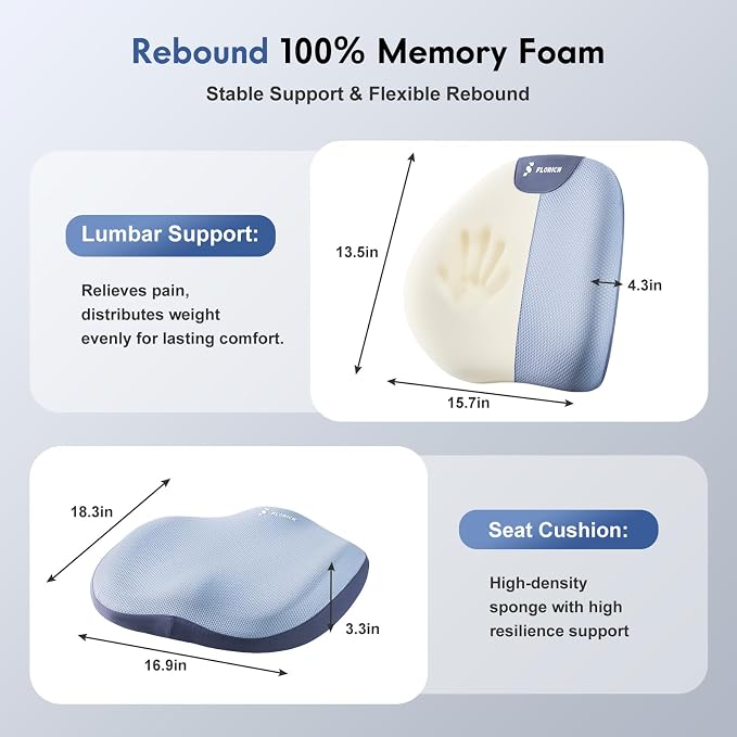 FLORICH Seat Cushion and Lumbar Support Pillow for Office Chair Car, Ergonomic Memory Foam Back Support for Office Gaming Chair Driving Seat Wheelchair, Relieves Neck, Back & Sciatica Pain – Blue